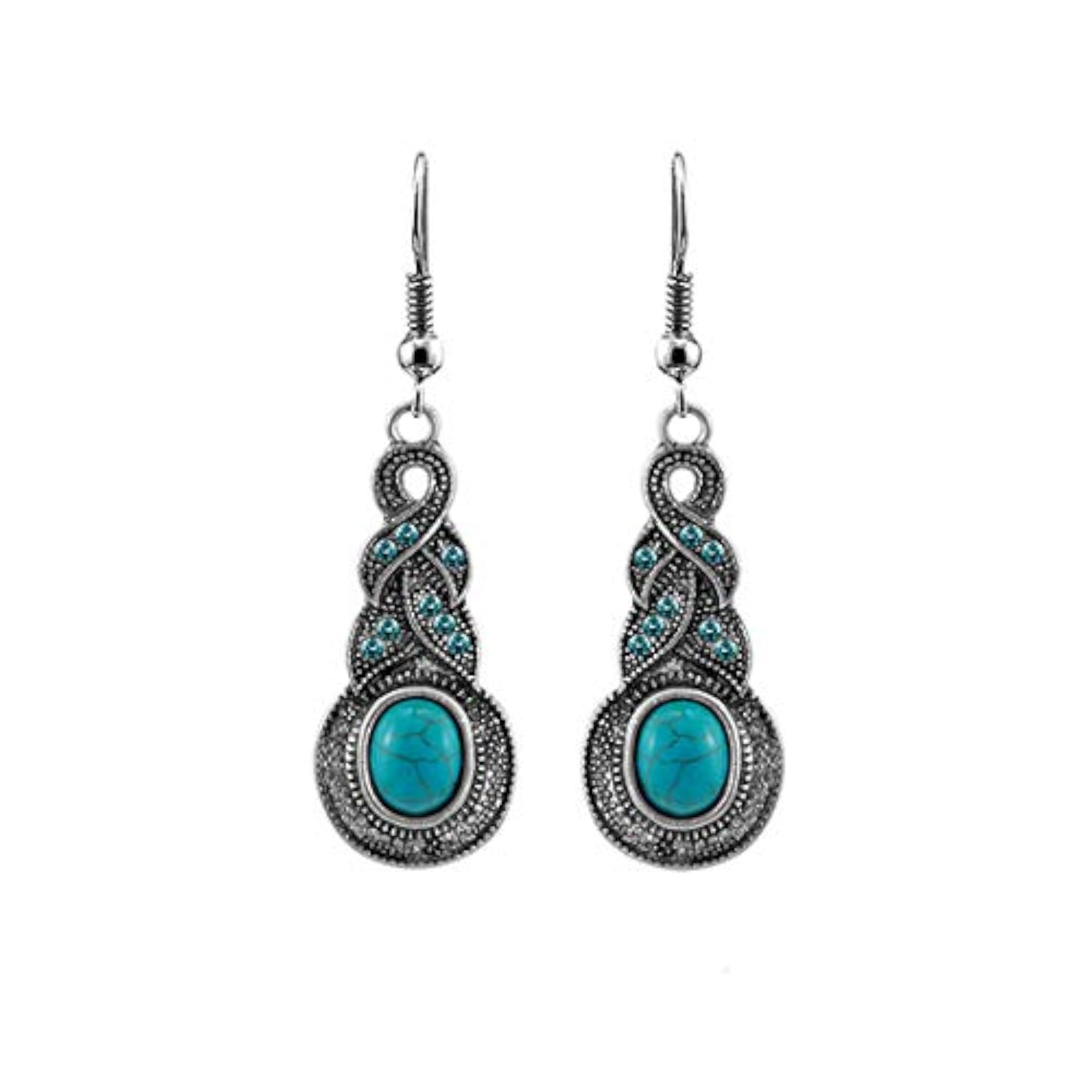 Bohemian Style Blue Stone Silver Oxidised Drop Earrings